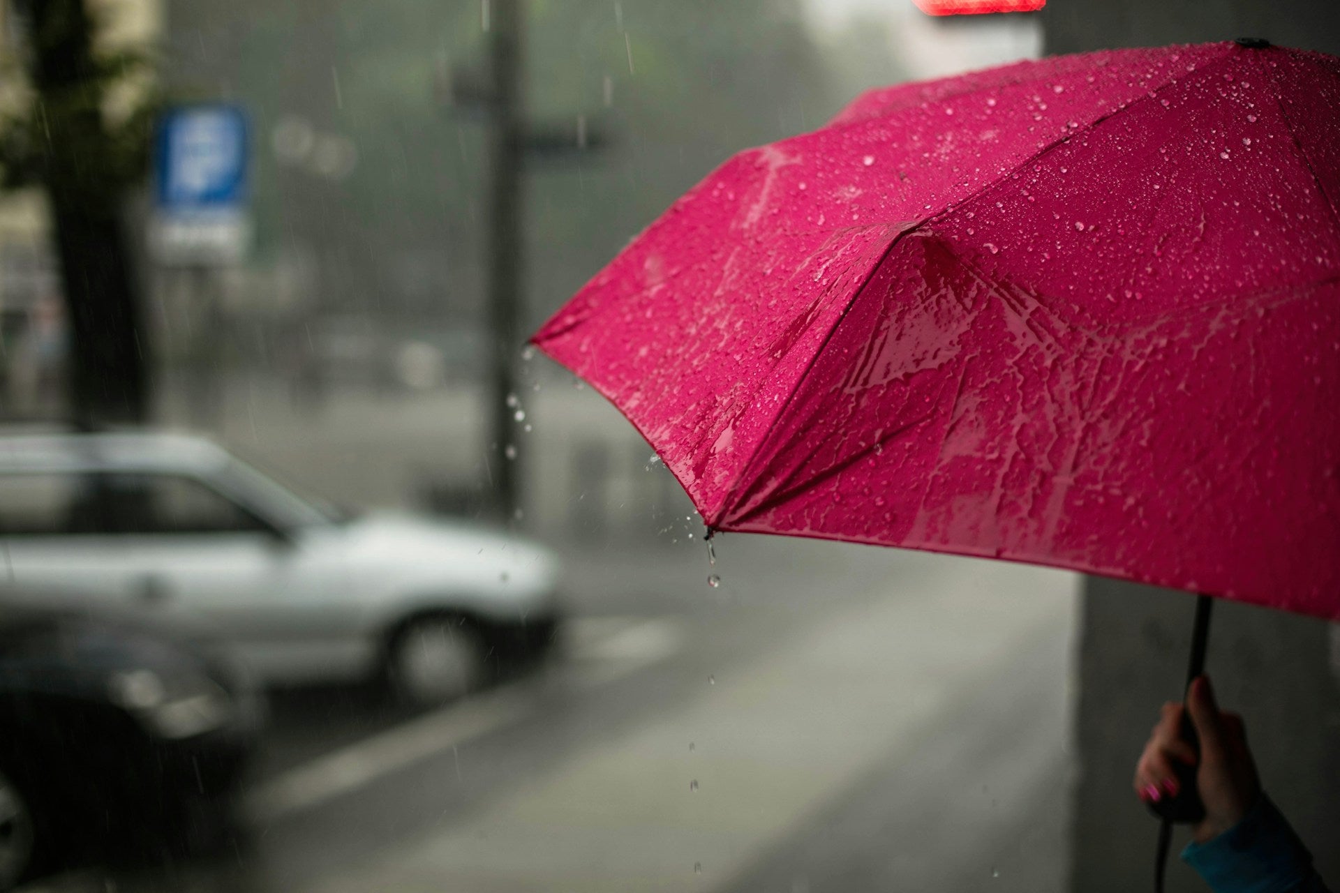 A bright red umbrella against a grey, rainy city street.