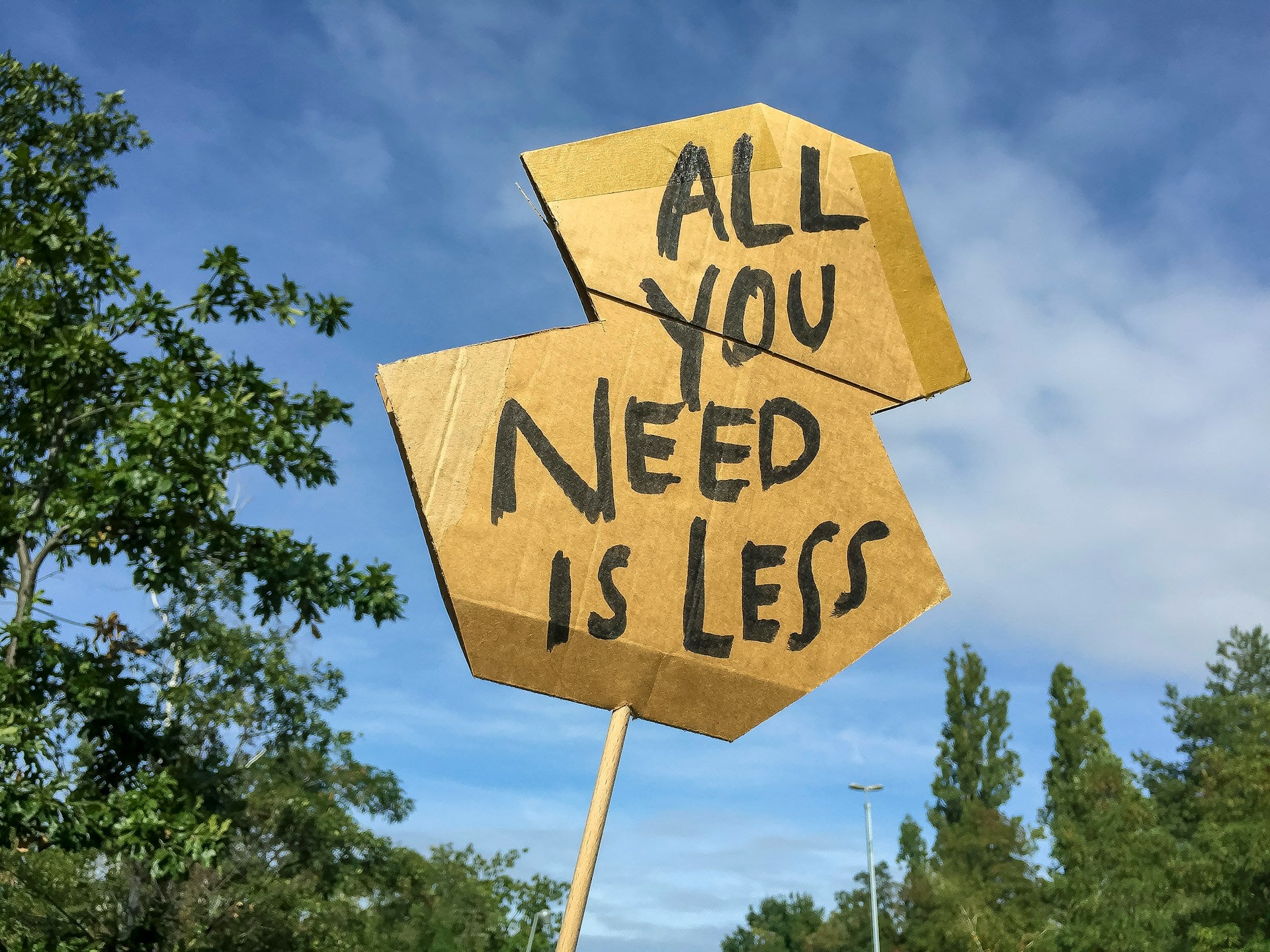 A cardboard sign that reads "All you need is less."