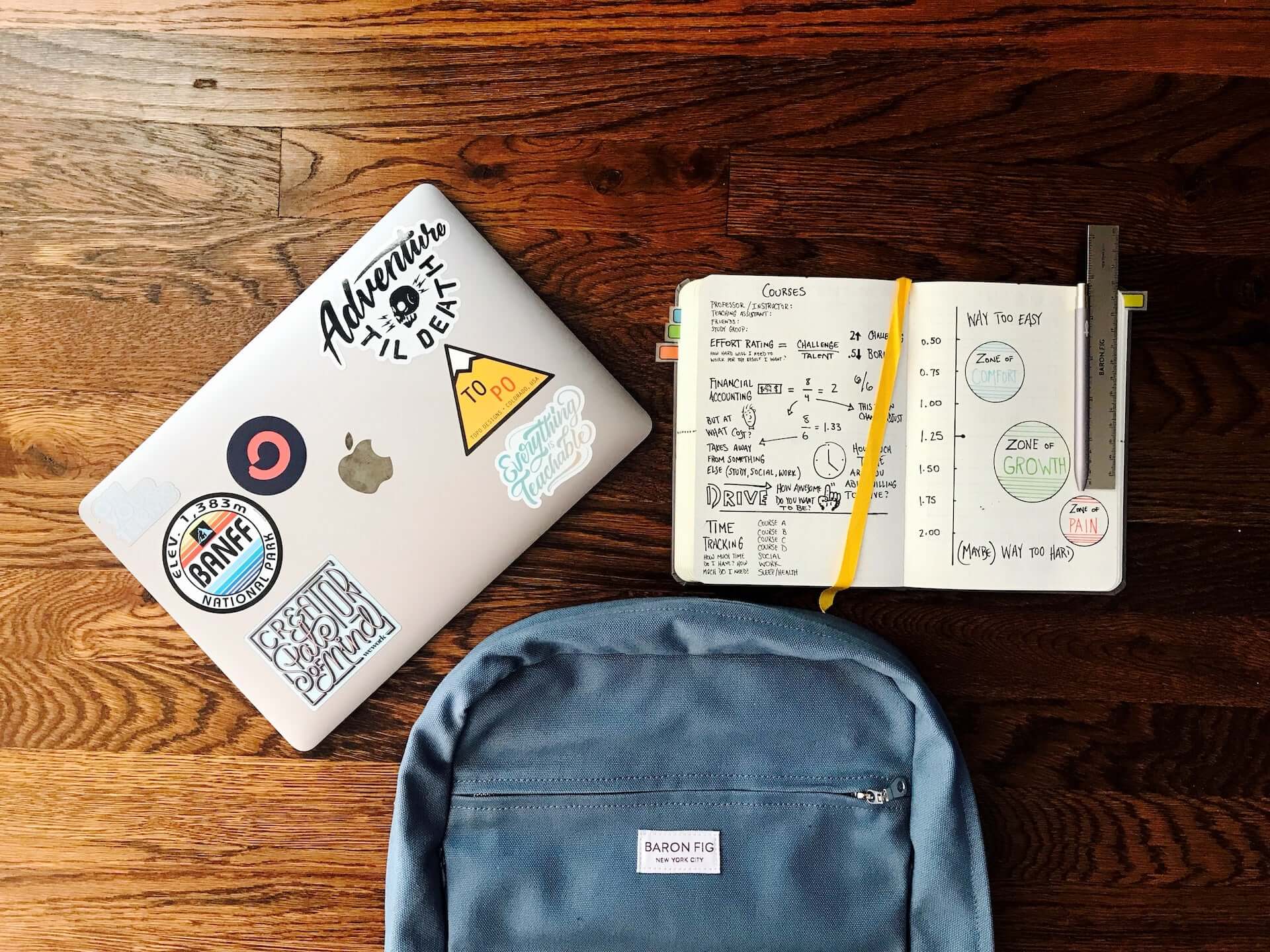 A flatlay of a sticker-covered Macbook, an open notebook with graphs and equations, and the top of a blue canvas backpack