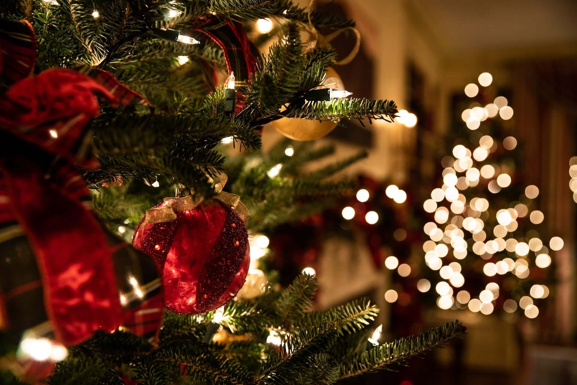 A christmas tree decorated with red baubles and ribbon.