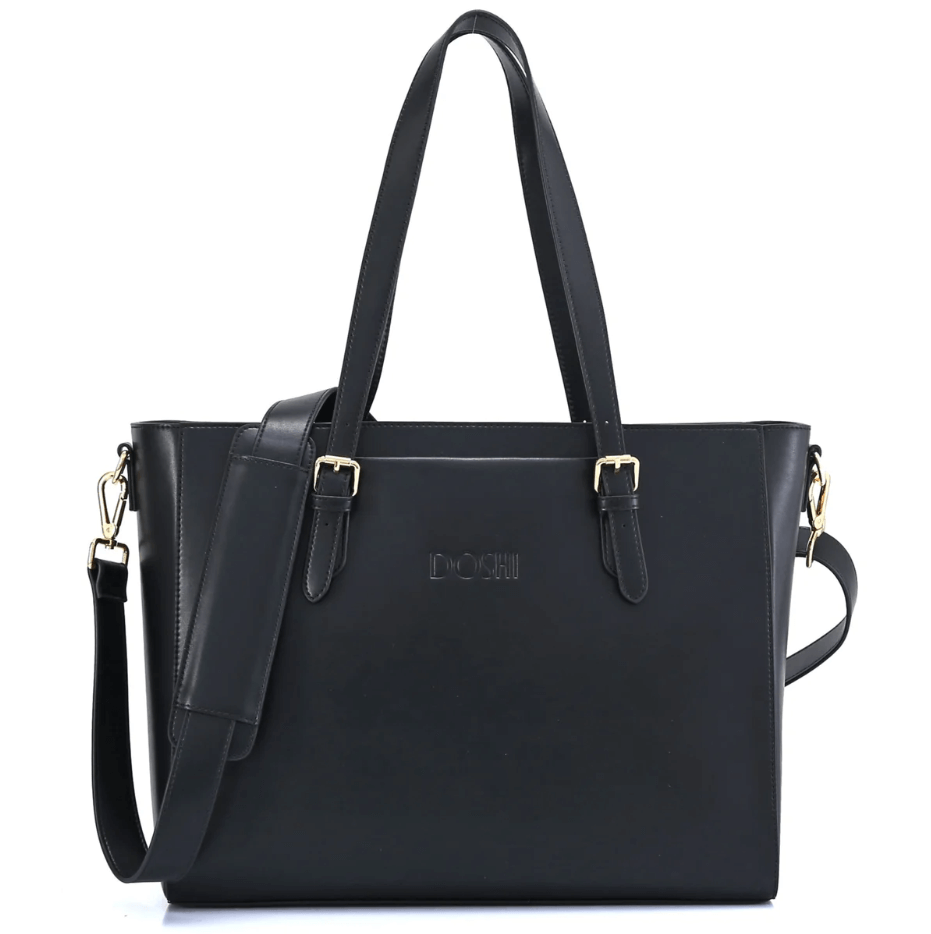 A black leather-finish tote bag with top handles.