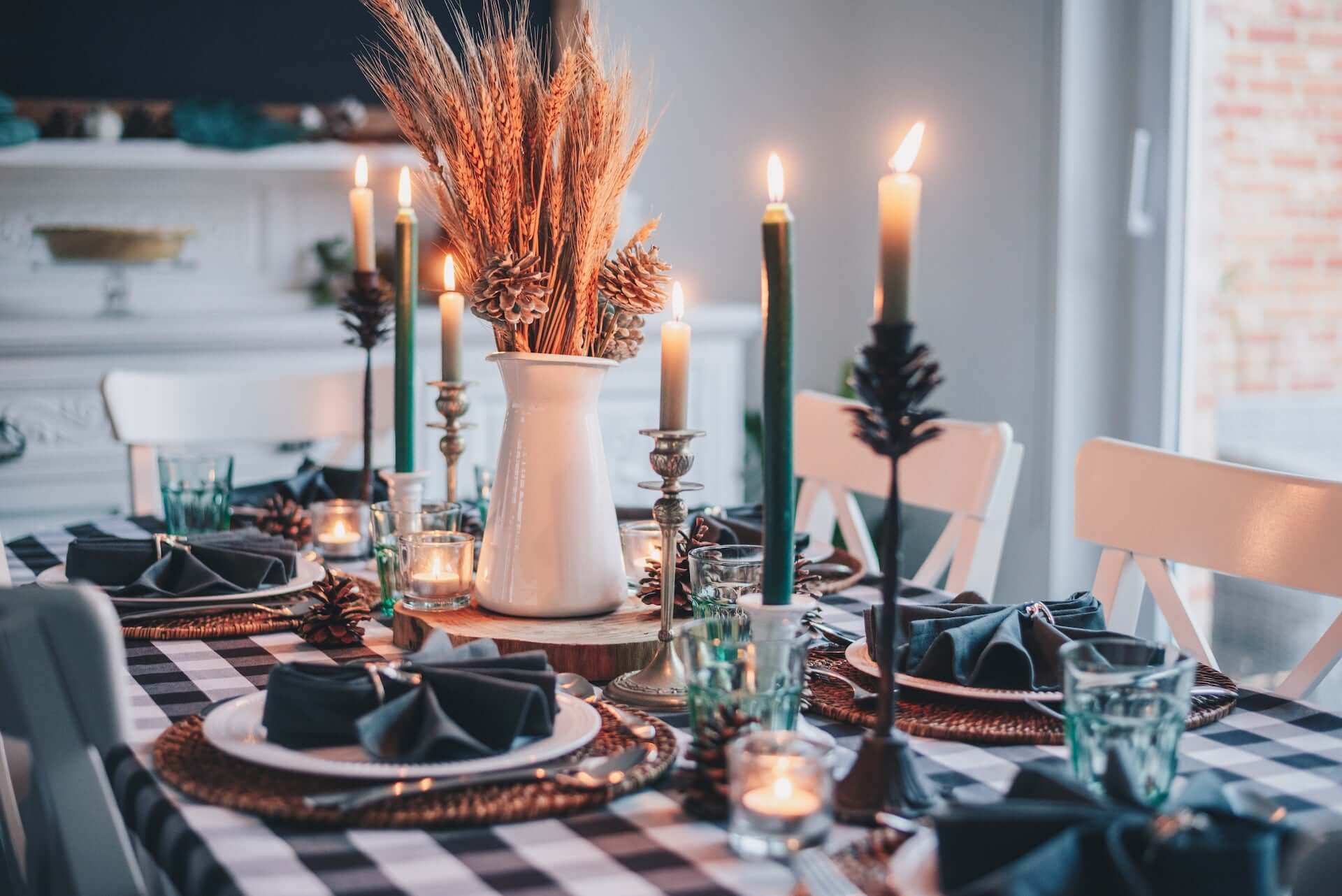 An earth-toned Thanksgiving table setup.