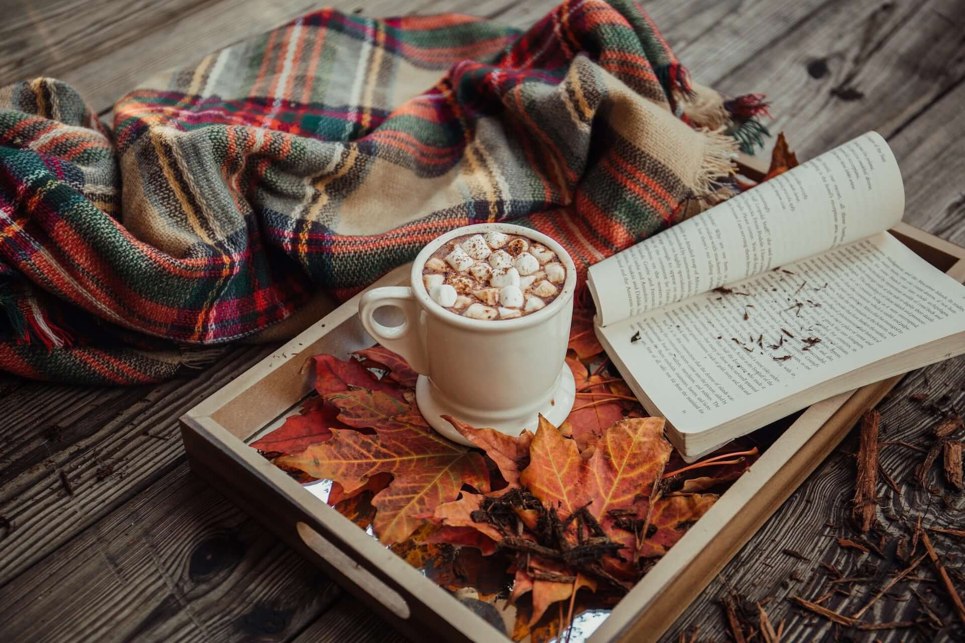 A cup of hot cocoa with marshmallows and an open book sit on a tray full of leaves with a tartan scarf.