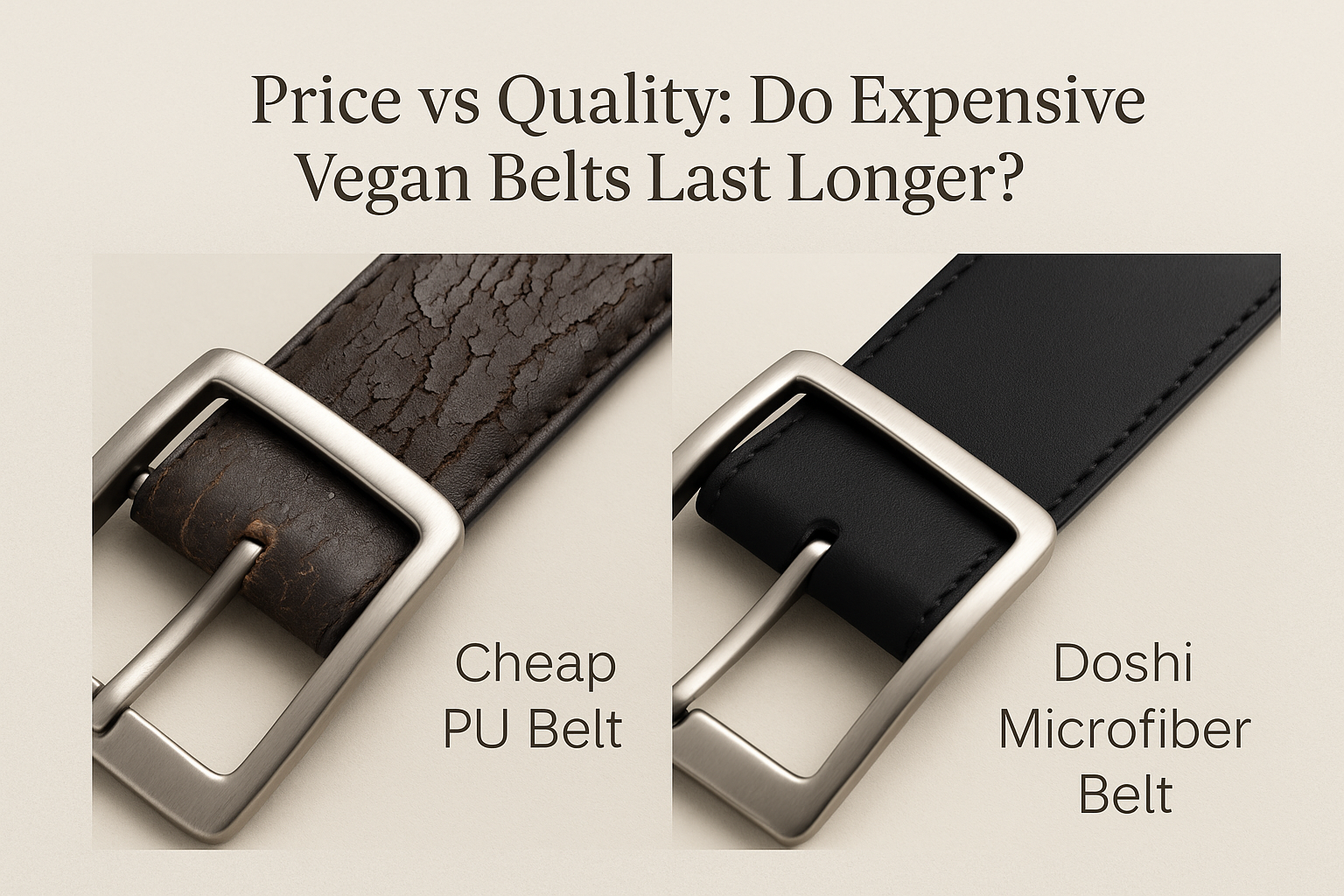 "Side-by-side comparison of a cracked cheap PU belt and a smooth Doshi microfiber vegan belt, illustrating the difference in durability and quality.