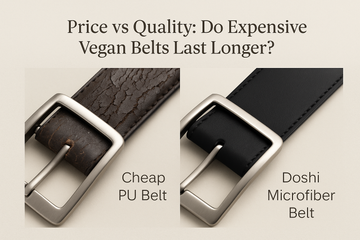 "Side-by-side comparison of a cracked cheap PU belt and a smooth Doshi microfiber vegan belt, illustrating the difference in durability and quality.