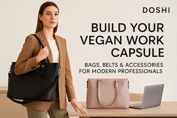 Professional woman carrying a black vegan tote bag – ethical work accessories for modern professionals