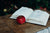 A water-damaged book sits open on a wooden table beside a red apple.