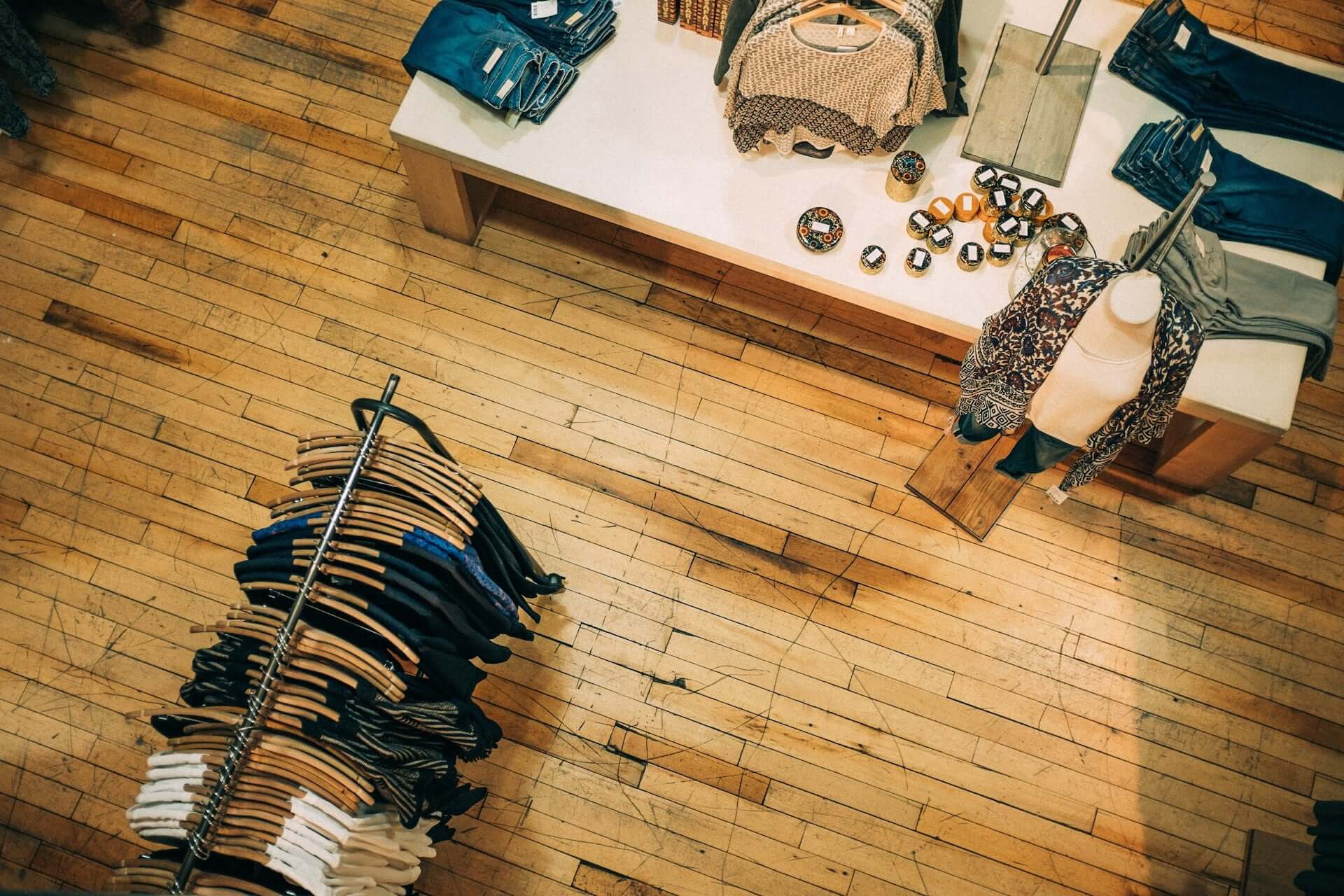 An overhead view of a boutique fashion shop. 