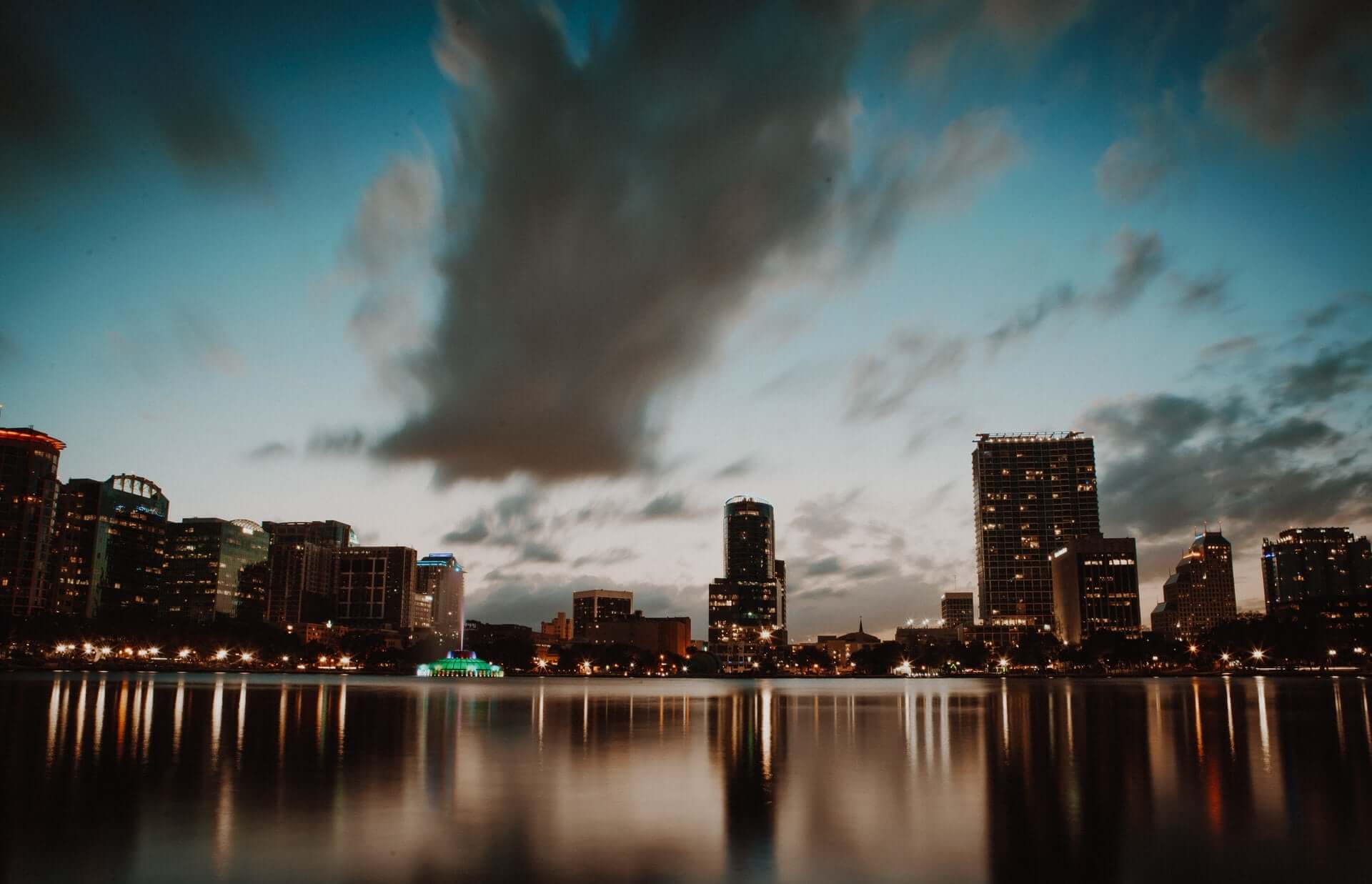 The city skyline of Orlando, Florida at sunset.