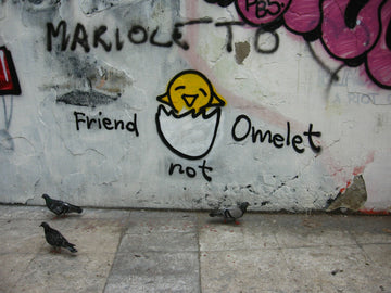 Graffiti of a yellow chick in a broken egg. The words around it read "friend not omlet."