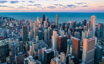 An overhead view of a city skyline in the morning.