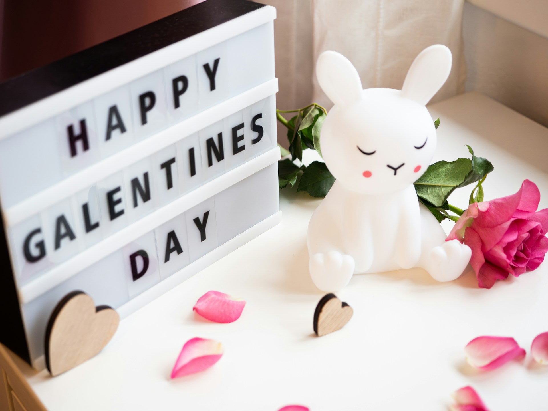 A bunny figure and rose beside a light board that reads "Happy Galentine's Day."