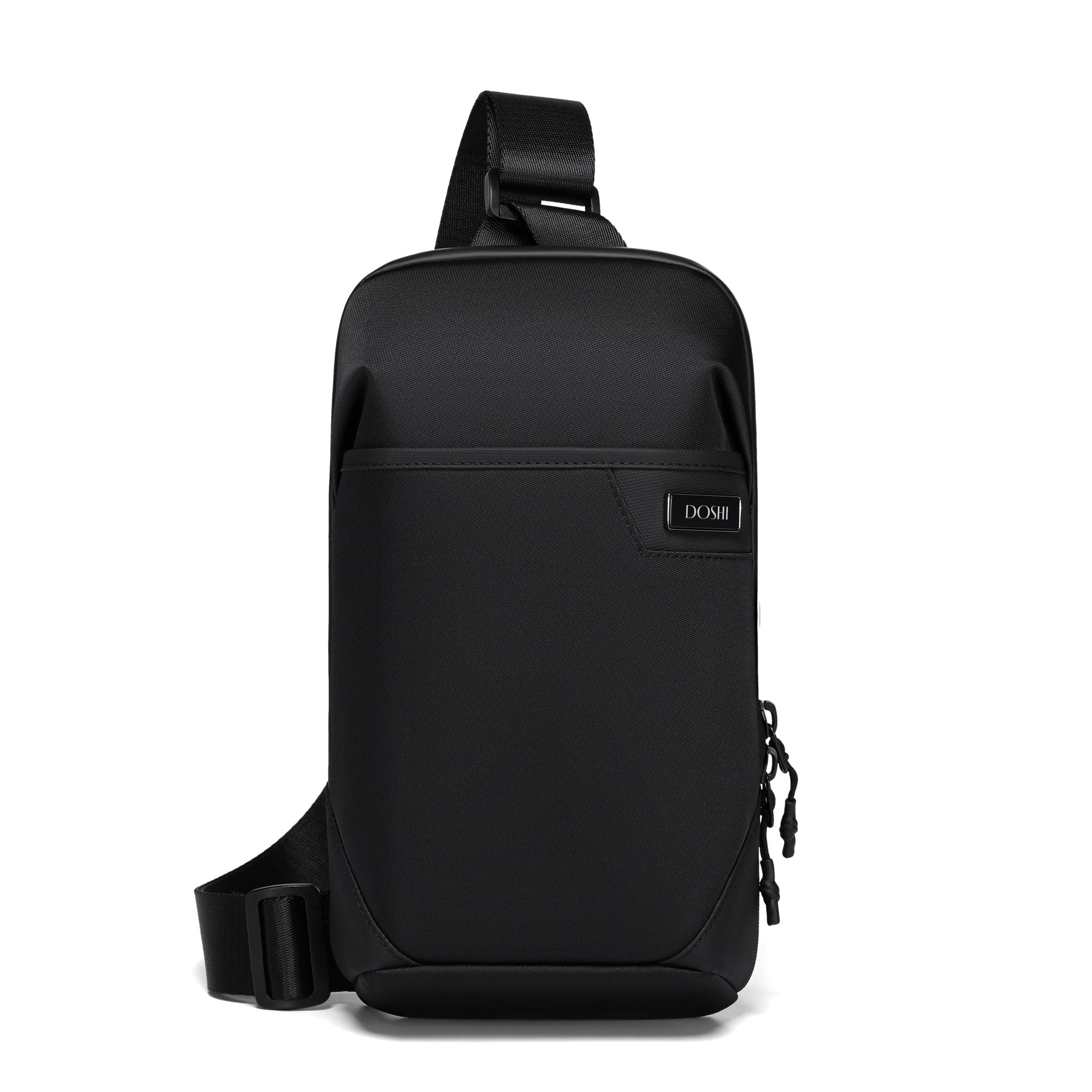 Black sling bag on a white background