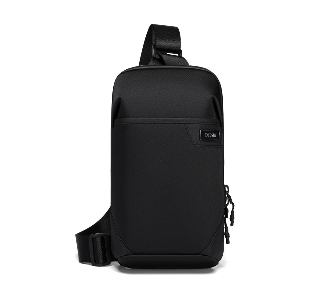 Black sling bag on a white background