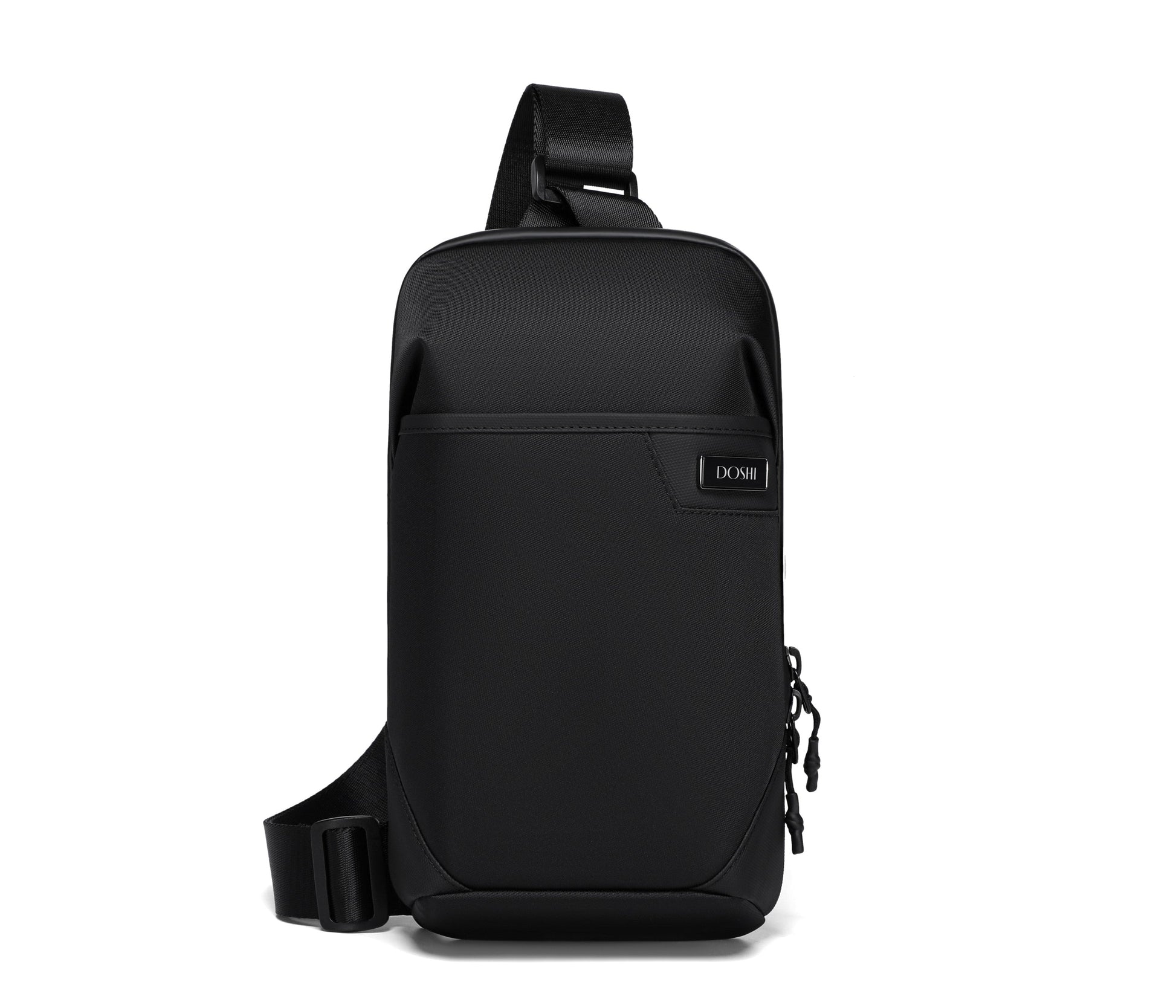 Black sling bag on a white background