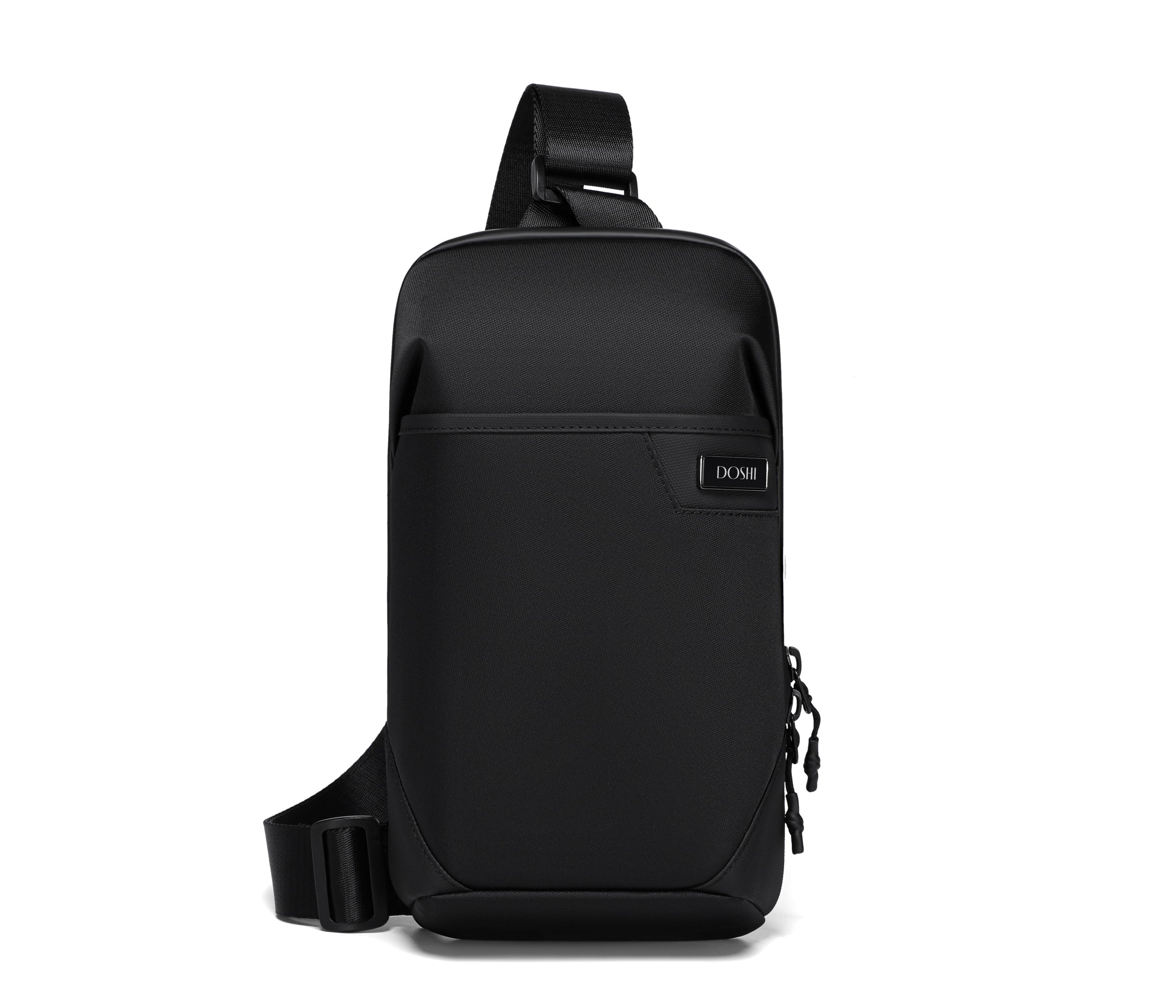 Black sling bag on a white background