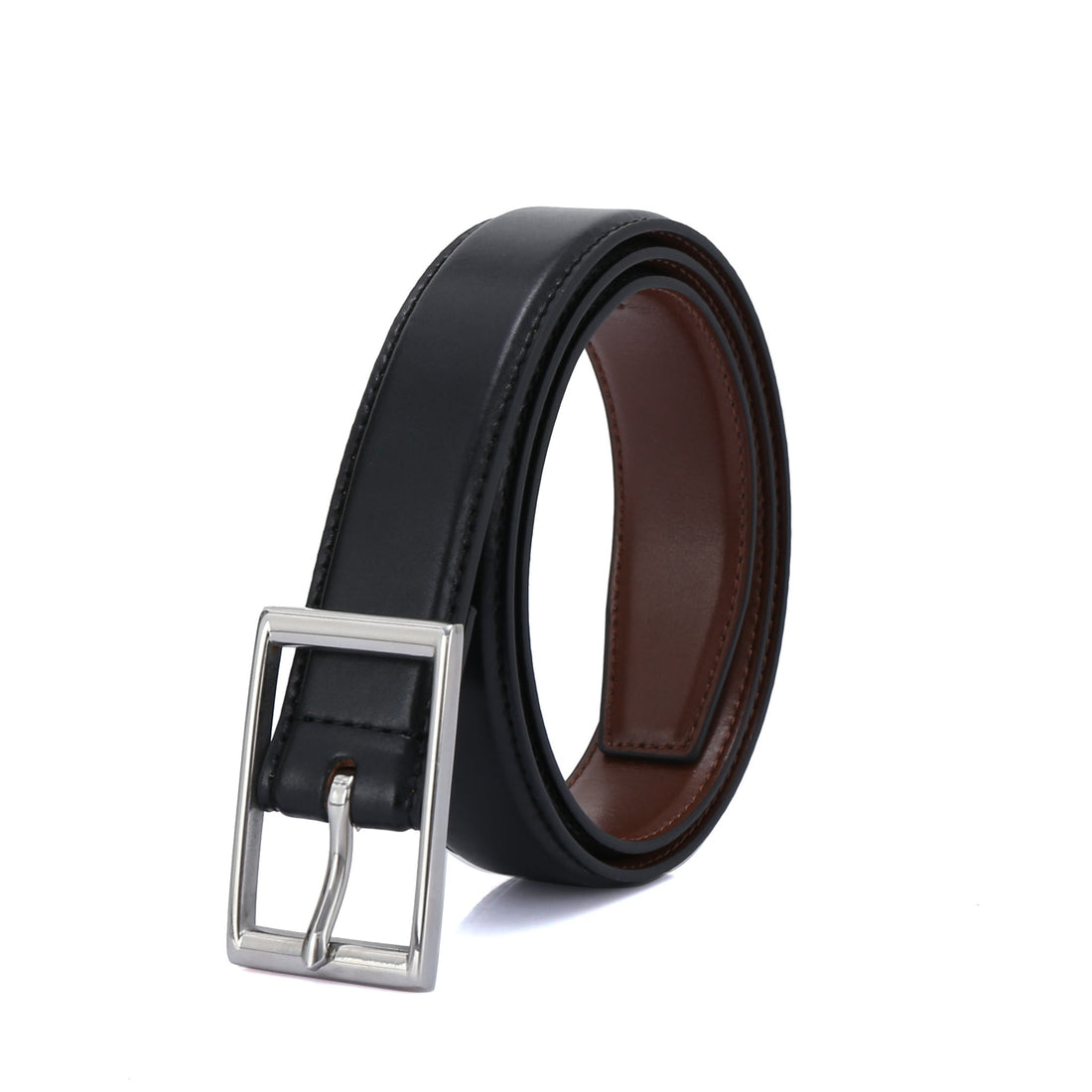 Black vegan leather belt with a minimalist buckle, eco-friendly and cruelty-free.
