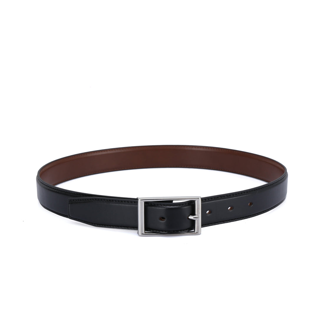 Black vegan leather belt with a minimalist buckle, eco-friendly and cruelty-free.
