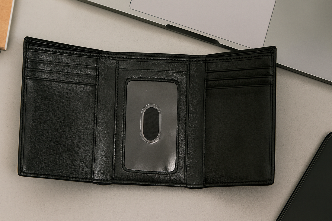 Doshi vegan trifold wallet open showing card slots, bill compartment and RFID-blocking lining