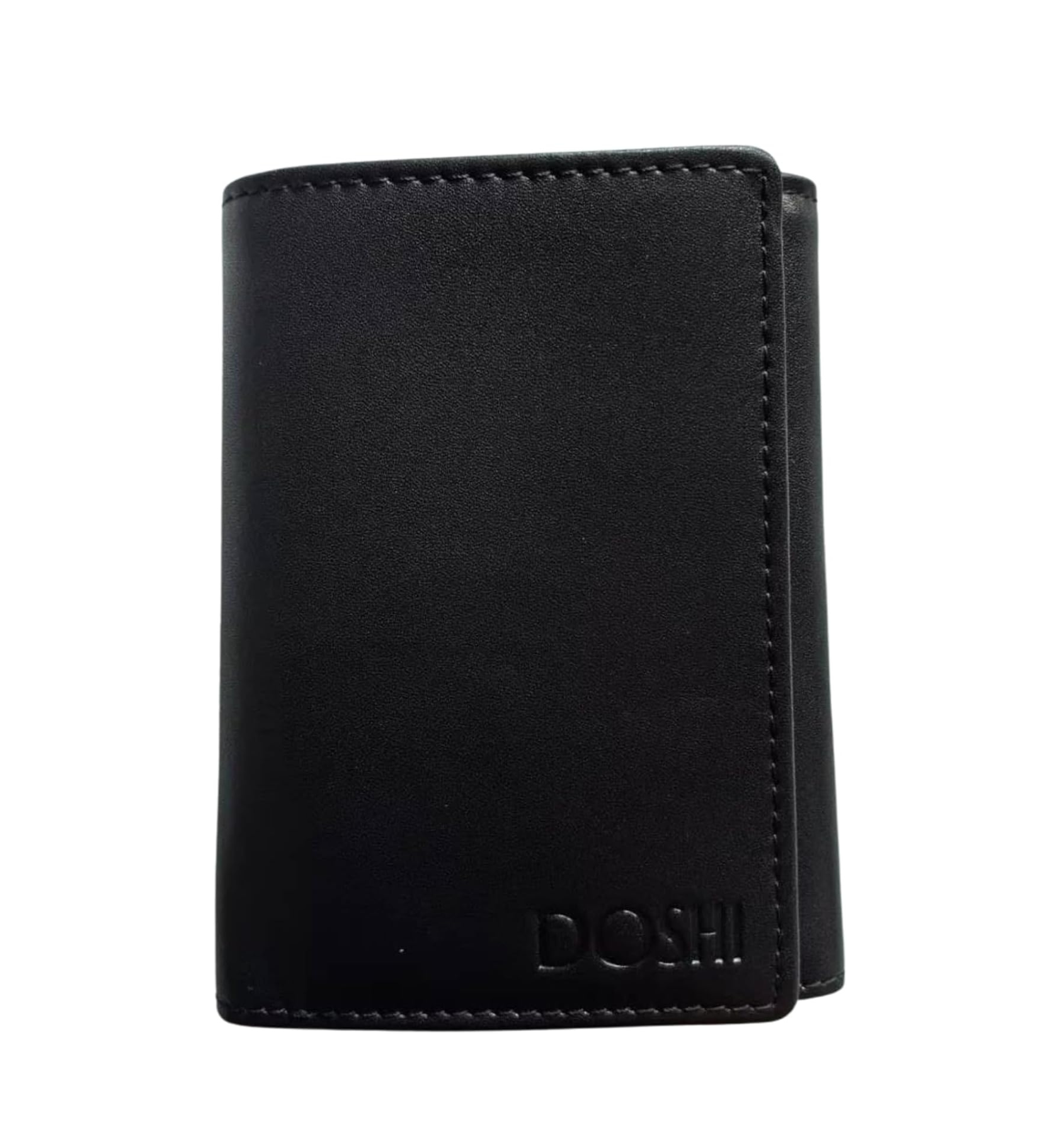 Black vegan leather wallet with 'Doshi' branding on a white background