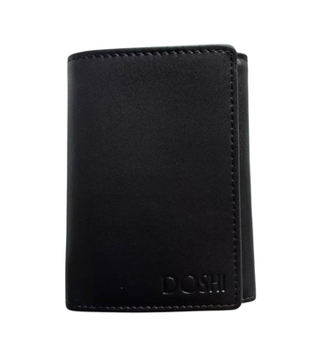 Black vegan leather wallet with 'Doshi' branding on a white background