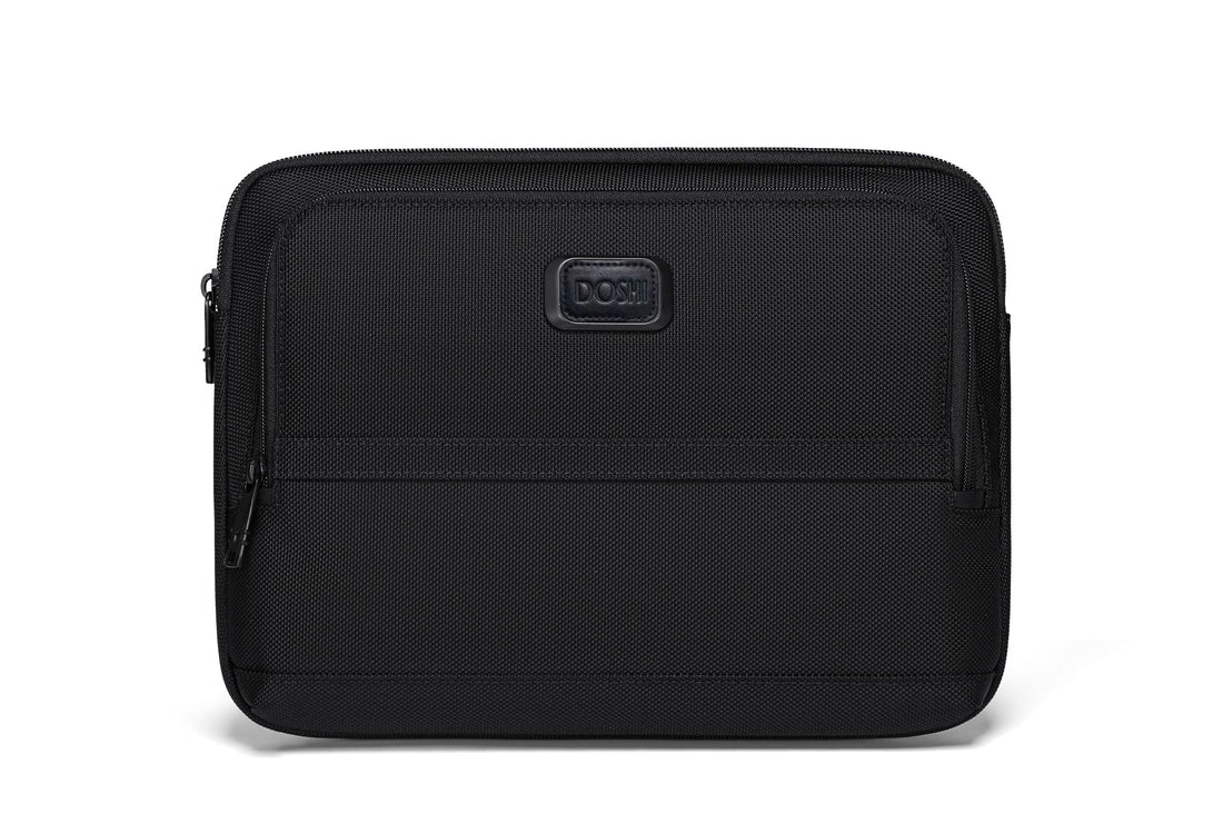Black laptop sleeve with a brand logo on a white background