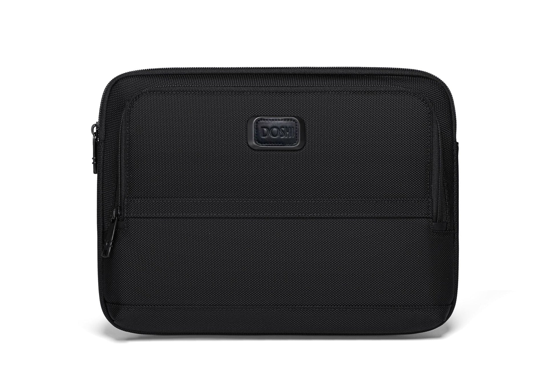 Black laptop sleeve with a brand logo on a white background
