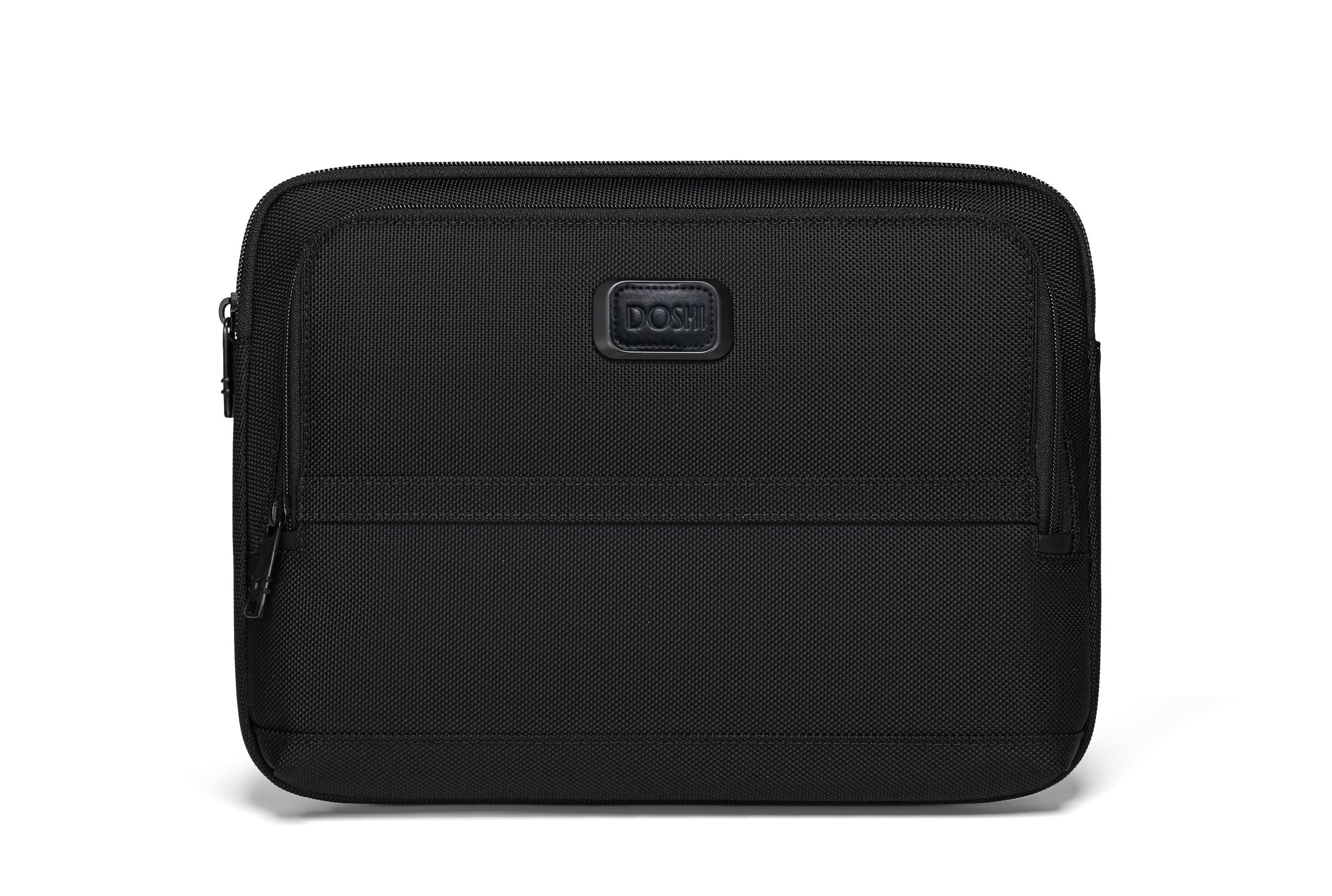 Black laptop sleeve with a brand logo on a white background