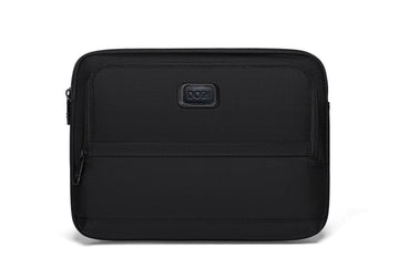 Black laptop sleeve with a brand logo on a white background
