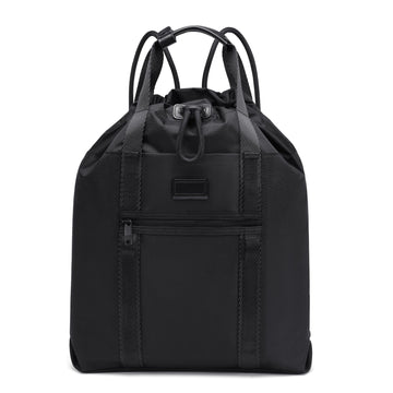 A black drawstring backpack with multiple compartments and a padded shoulder strap, designed for professional use and travel.