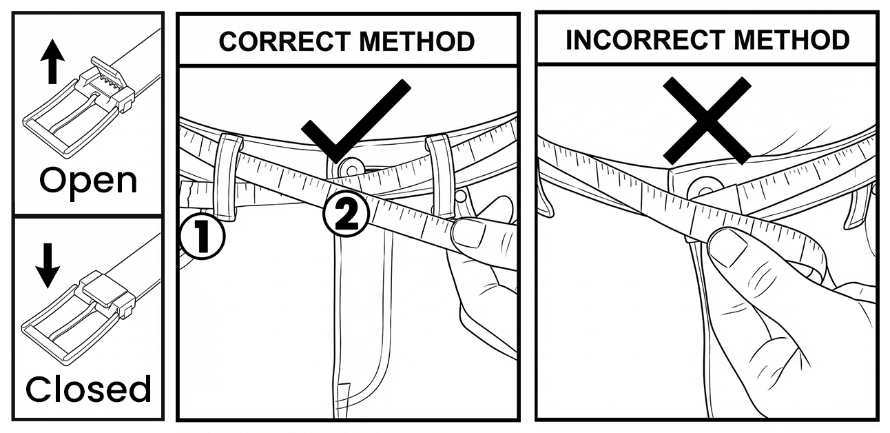 Diagram showing correct and incorrect methods for adjusting a belt buckle.